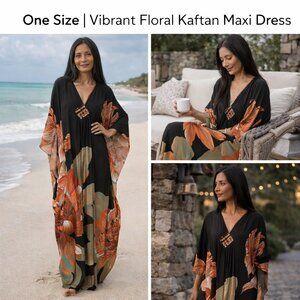 🌺 Vibrant Floral Boho Kaftan Maxi Dress | One Size | Resort • Beach • Evening
